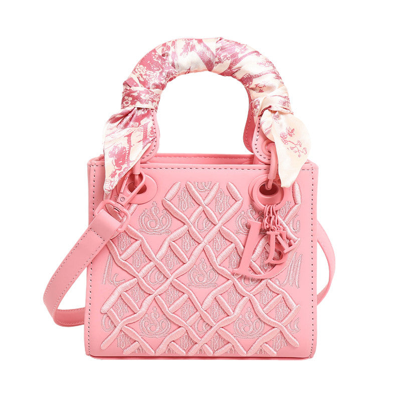 Women's Artisan-Embroidered Quilted Satchel - Heirloom-Quality Shoulder Bag w/ Detachable Silk Scarf & Convertible Strap, Textured Vegan Leather