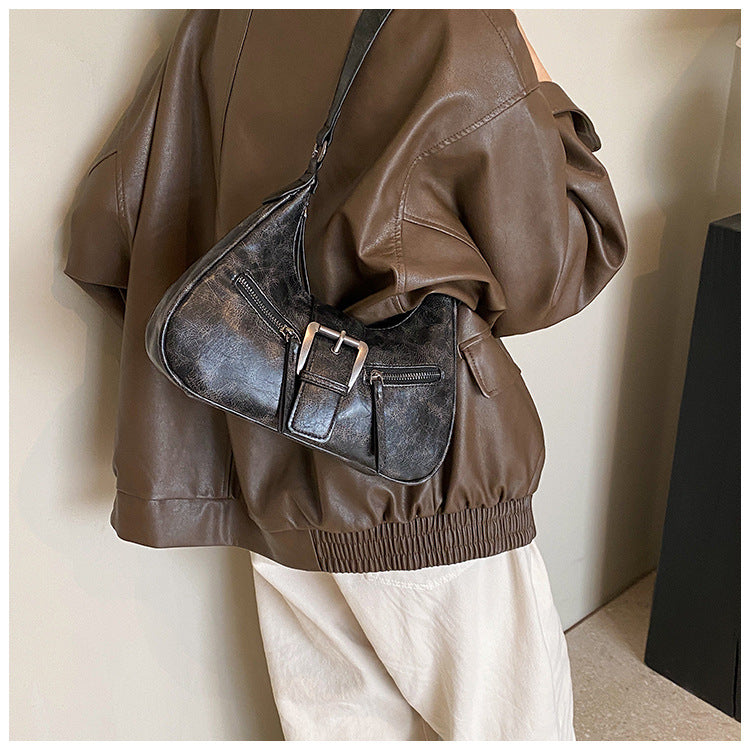 Women's Heartland Crescent — Vintage-Inspired Shoulder Saddle with Distressed Leather Accents & Adjustable Strap