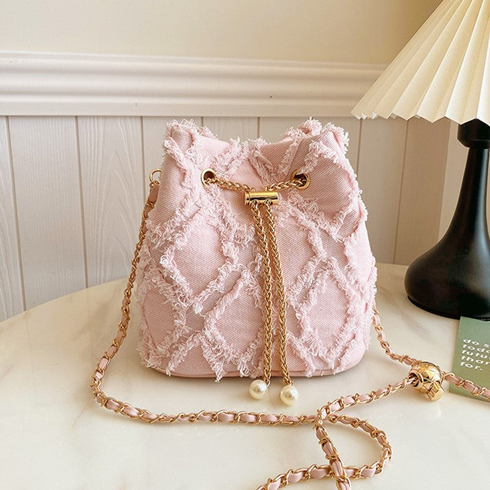 Women's Quilted Denim Bucket Bag - Trendy Large Capacity Chain Strap Shoulder/Crossbody Bag