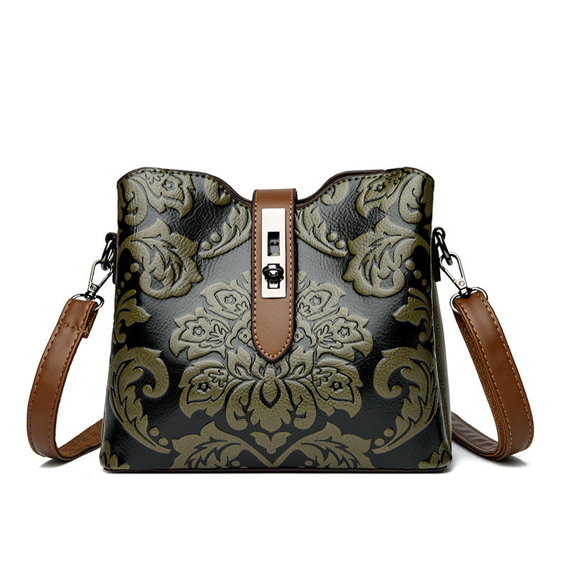Women's Heritage Artisan Bucket - Distinctive Hand-Blocked Motifs on Heirloom Leather with Village-to-City Versatility