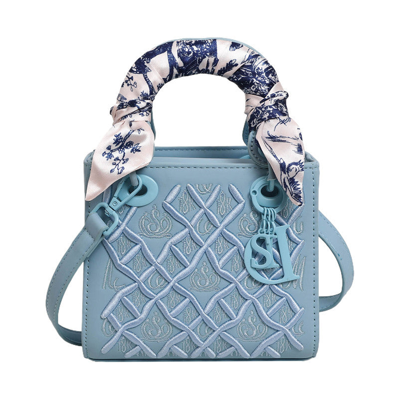 Women's Artisan-Embroidered Quilted Satchel - Heirloom-Quality Shoulder Bag w/ Detachable Silk Scarf & Convertible Strap, Textured Vegan Leather